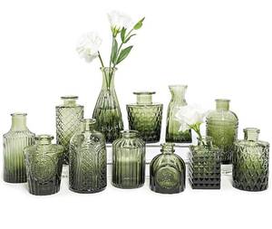 lot 1272 image: SUPMIND 12pcs Glass Bud Vase Set, Small Green Flower Vases for Centerpieces in Bulk, Mini Vintage Vase for Wedding, Home,Table Decoration