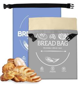 lot 1277 image: Bread Bags for Homemade, Beeswax Reusable Bread Bag for Sourdough 2-Pack, Large Linen Cotton Reusable Waxed Food Storage Bag to Keep Sourdough Fresh, Freezer-Safe (Blue&Grey)
