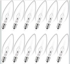 lot 1281 image: MEQIQTEK E12 60 Watt Incandescent Candle Light Bulbs, Chandelier Light Bulbs for Ceiling Fan, Vanity, Outdoor - Warm White 2500K, 500 Lumen Dimmable B10 Clear Candelabra Base Bulbs (12 Pack)