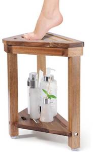 lot 1288 image: Boulphia Shower Foot Rest 14in, Acacia Wood Shower Stool for Shaving Legs, Waterproof Corner Shower Stool with Storage Shelf for Inside Small Shower Spaces, Wood Color