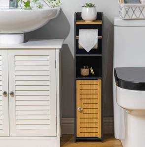 lot 1314 image: AOJEZOR Toilet Paper Holder Stand Small Bathroom Storage Cabinet - Black - Bamboo