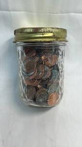 lot 60 image: 8 oz Mason Jar Collection of Old Pennies and Coins