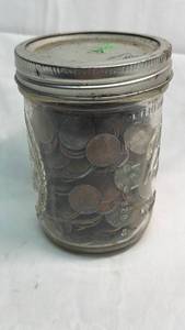 lot 77 image: 16 oz Glass Mason Jar Filled with Mixed Coins