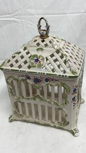 lot 118 image: Hand-Painted Ceramic Decorative Bird Cage with Floral Design