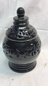 lot 156 image: Black Ceramic Incense Burner with Carved Cutout Design