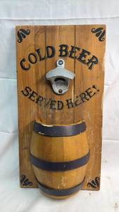 lot 197 image: Cold Beer Served Here Wall Mount Bottle Opener with Cap Catcher