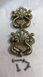 lot 240 image: Brass Drop Ring Drawer Pulls with Decorative Backplates