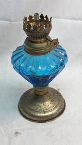 lot 241 image: Blue Glass Oil Lamp with Brass Burner