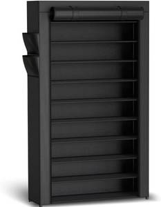 lot 131268 image: Kitsure Shoe Rack - 10-Tier Large Capacity Shoe Organizer Shelf with Dust Cover & Side Pockets, Rust-Proof Metal Shoe Rack for Closet, Entrance, Living Room, 33.6 x 12.4 x 69.3, Black