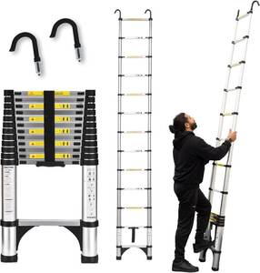 lot 131285 image: Telescoping Ladder, 12.5 FT Aluminum Lightweight Extension Ladder with 2 Stable Hooks, 2 Triangle Stabilizers & Non-Slip Feet, Heavy Duty 330 Lbs Max Capacity, Ideal for Home, RV & Outdoor Work