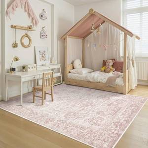 lot 131291 image: Rugxara 5x7 Washable Area Rug for Living Room & Bedroom, Large Light Pink Rugs for Women, Non Slip, Durable Low Pile Carpet, Vintage Carpets for Office, Dining Room, Kids Room and Farmhouse