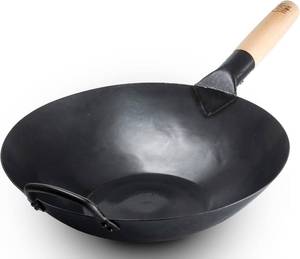 lot 131297 image: Craft Wok Black13 Flat Pre-Seasoned Hammered Carbon Steel Wok with Wooden and Steel Helper Handle (13 Inch, Flat Bottom)