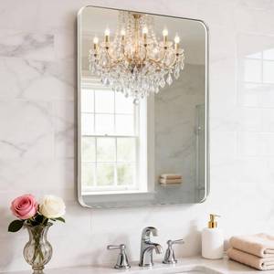 lot 131304 image: 22X34 Inch Brushed Nickel Bathroom Mirror for Wall, Brushed Silver Metal Framed Mirror, Rounded Rectangle Silver Bathroom Mirrors, Tempered Glass, Anti-Rust, Hangs Horizontally or Vertically