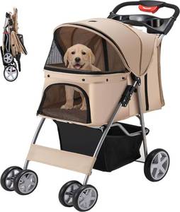 lot 231399 image: Pet Stroller, 4 Wheels Pet Strolling Cart for MediumSmall Dogs and Cats, Foldable Cat JoggerDog Stroller with Cup Holder, Storage Basket, Breathable Mesh, All-Season Pet Carrier, Khaki
