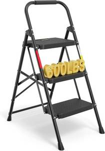lot 231404 image: BONTEC 3-Step Ladder, Folding Step Stool, 600lbs Max Load Capacity, Sturdy Steel, Non-Slip Pedals, Lightweight, Portable Steel Ladder with Convenient Handrail, Safety Design for Home & Work, Black
