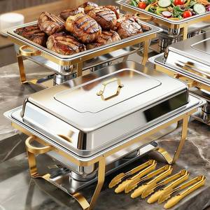 lot 231412 image: Retails for $122 ALSO GO Chafing Dish Buffet Set, 9QT 4 Pack Gold Chafing Dishes for Buffet with 4 Serving Tongs, Buffet Set Full Size Large Serving Chafing Dishes, Warming Food Tray for Catering & New Year Parties