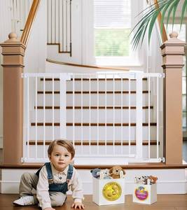 lot 231415 image: Cumbor 29.7-48 Baby Gate for Stairs, Moms Choice Awards Winner-Dog Gates for Doorways, Auto Close Safety Pet Gate for Dogs Indoor, Easy Install Pressure Mounted Child Gate with Walk Thru Door, White