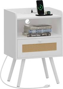 lot 231426 image: SUPERJARE Nightstand with Charging Station & Rattan-Like Decor Drawer, Rattan End Table with Solid Wood Feet, Bed Side Table with Open Storage, for Bedroom, Living Room, Dormitory - White