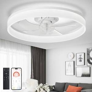 lot 231428 image: DLLT Modern Ceiling Fans with Lights 20 Flush Mount Low Profile Ceiling Fan with APP Remote Control - White LED Bladeless Fandelier Dimmable Quiet DC Motor for Bedroom Living Room