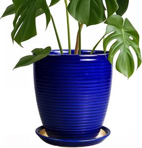 lot 231437 image: Round Ceramic Planter - Modern 8 Inch Plant Pot with Drainage Hole and Tray for Flower Indoor Outdoor Garden Decor Blue