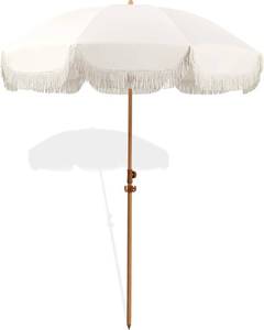 lot 231439 image: Seazul 7.5ft Patio Umbrella with Fringe, Beach Umbrella, Fringe Umbrella Outdoor Patio with Hanging Hook, Tilting Aluminum Pole, UV 50, Fiberglass Ribs, Elegant Cream