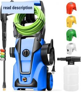lot 131267 image: Retails for $130 Electric Pressure Washer 5000PSI Max 4.0GPM with 33FT Flexible Extension Hose, 4 Nozzles, Foam Cannon, Power Washer Powered for Cars, Patios, Driveways, Deep Blue