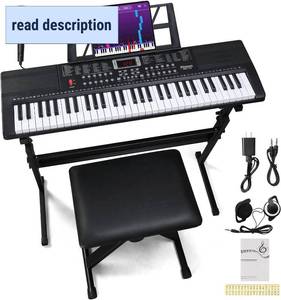 lot 231410 image: Ktaxon 61 Key Keyboard Piano Electric Keyboard, Electric Piano Set with Headphones, Microphone, Music Rest, Power Adapter, Piano Stand, Piano Bench and Manual (Full Size H Stand-Classic Black)