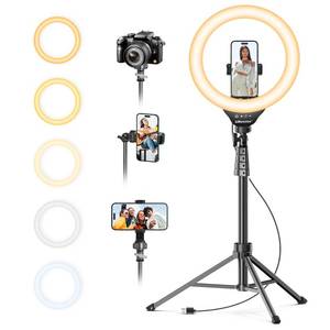 lot 20818 image: UBeesize 12 LED Ring Light with 62 Tripod Stand, Selfie Ring Light for Video Recording, Live Streaming, TikTok & YouTube, Compatible with iPhone & Android (Black) - Retail $33