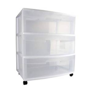 lot 58059 image: Sterilite Wide 3 Drawer Cart  Clear Plastic Storage Drawers  Wheels Included  White