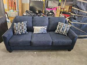 lot 58096 image: Blue Fabric Sofa with Decorative Throw Pillows