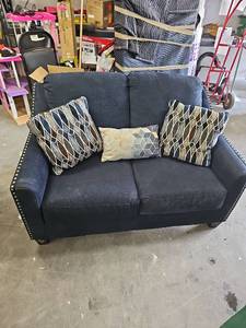 lot 58097 image: Navy Blue Upholstered Loveseat with Decorative Pillows