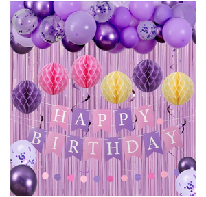lot 2403 image: Crosize Purple Happy Birthday Decorations Kit for Women Girls Boys Kids, Pre-Strung Birthday Banner Sign with Tissue Paper Poms, Circle Dot Garland, Balloons, Hanging Swirls Streamers for Party Decor - Retail $0