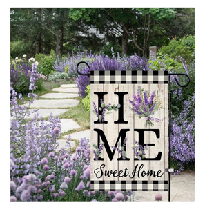 lot 2408 image: ORTIGIA Spring Summer Garden Flag 12.5 x 18 Inch Double Sided Burlap Home Sweet Home Purple Lavender Floral Flower Small Yard Flag Holiday Outdoor Outside Wedding Anniversary Decoration (banner only) - Retail $0