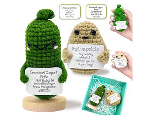lot 2418 image: CrazyHome Positive Potato, Emotional Support Pickle Combo  Handmade Crochet Positive Vegetables 2PCS Set - Potato, Mini Cucumbers  Cheer-Up, Motivational, Funny Desk D�cor - Retail $0