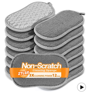 lot 2423 image: Multi-Purpose Scrub Kitchen Sponges �� 12 Pack Dish Sponge, Dual-Sided Non-Scratch Microfiber & Metal Scrubber, Reusable Sponges for Dishes, Pots, Glass, Sink, Stovetop & Bathroom (Gray) - Retail $0
