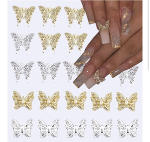 lot 2431 image: 20Pcs Butterfly Nail Charms for Acrylic Nails 3D Crystal Art Gold Silver Butterflies Rhinestones Jewels Gems DIY Manicure Decoration - Retail $0