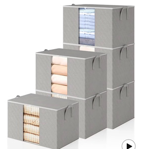 lot 2439 image: 6 Pack Clothes Storage Bags - 90L Blanket Organizers and Storage for Closet Large Storage Bins with Lids and Zipper Storage Containers for King Comforter, Pillow and Sweater (Grey, 6 Pack) - Retail $0