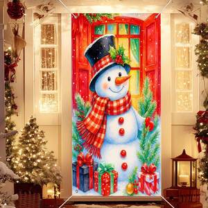 lot 2442 image: IVN Christmas Snowman Door Cover Decoration 71 x 35 in Holiday Banner Top Hat Red Door Gifts Photo Backdrop Indoor Outdoor for Front Door Party Decorations - Retail $7