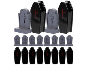 lot 2462 image: 20pcs Miniature Tombstones and Coffin Box Set Halloween Party Tiny Resin Headstones Ornament Cemetery Headstones for Craft Spooky Ghost Prank Prop for Dollhouse Outdoor Garden Decor - Retail $0