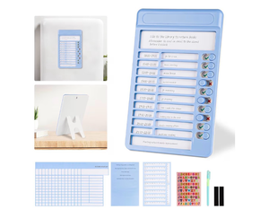 lot 2480 image: Magnetic Chore Chart for Multiple Kids, Reward Chart for Kids, Hanging & Standing Daily Routine Chart Schedule Board Task Tracker for Home Refrigerator, Wall, Desk (Blue), 8.8 x 5.6 inch - Retail $0