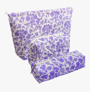 lot 2484 image: 3 Piece Purple Quilted Floral Makeup Bag Set Small Cosmetic Bag For Women Cute Cotton Makeup Pouch For Purse - Retail $0