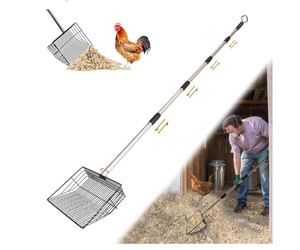 lot 2487 image: 10 Large Multi-Purpose Chicken Poop Scooper,Poop Shovel for Chicken Coop Accessories, Coated Metal anti-rust design,22 to 68 Adjustable Stainless Steel Handle,Cleaning Tool for Dog Waste,Cat Litter - Retail $0