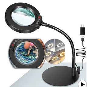 lot 2490 image: 10X Magnifying Glass with Light and Stand, 5 Color Modes Stepless Dimmable LED Lighted Desk Lamp, Hands Free Magnifier with Flexible Goose-Neck for Craft Hobby Painting Sewing Close Work - Retail $0
