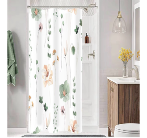lot 2495 image: QiyI Small Stall Shower Curtain 36 x 72, Narrow Half Watercolor Floral Bath Curtain, 3D Embossed Sage Green Flower Cloth Bathroom Curtains, Waterproof Fabric White Shower Curtain Set with Hooks - Retail $0