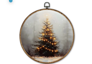lot 2515 image: TLESKE Vintage Christmas Tree Round Wall Art Decor 10x10, Winter Pine Tree Forest Framed Canvas Wall Art Prints Artwork, Rustic Farmhouse Wall Hanging Room Door Decor for Bedroom Living Room - Retail $0