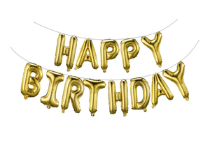 lot 2516 image: Gold Happy Birthday Balloons Banner 16 Inch Mylar Foil Letters, Inflatable Party Decor and Birthday Decorations for Women, Men, Boys & Girls Kids and Adults, Reusable, Party Supplies - Retail $0
