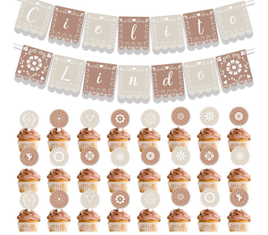 lot 2523 image: Mexican Cielito Lindo Party Decorations - Cielito Lindo Papel Picado Banner 24 Pcs Cupcake Toppers for Birthday Baby Shower Cinco de Mayo Fiesta - Retail $0
