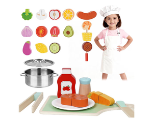 lot 2543 image: Wooden Play Food Set for Toddlers,Cutting Food for Preschool Activities, Pretend Play Kitchen Accessories for Kids, Fake Food Kitchen Toys for Boys & Girls - Retail $0