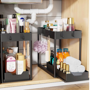 lot 2544 image: Simple Trending Under Sink Organizer 2 Pack, Sink Pull-Out Sliding Storage Cabinet, 2-Tier Under Shelf Organizer for Kitchen Bathroom, Black - Retail $0