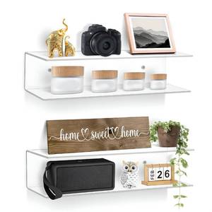 lot 2549 image: Clear Acrylic Floating Shelves - 2 Tier Wall Mounted Bathroom Organizer Set of 2 (15) - Space Saving Display Shelf for Makeup, Skincare, Kitchen Spices, & Home Decor - Retail $15